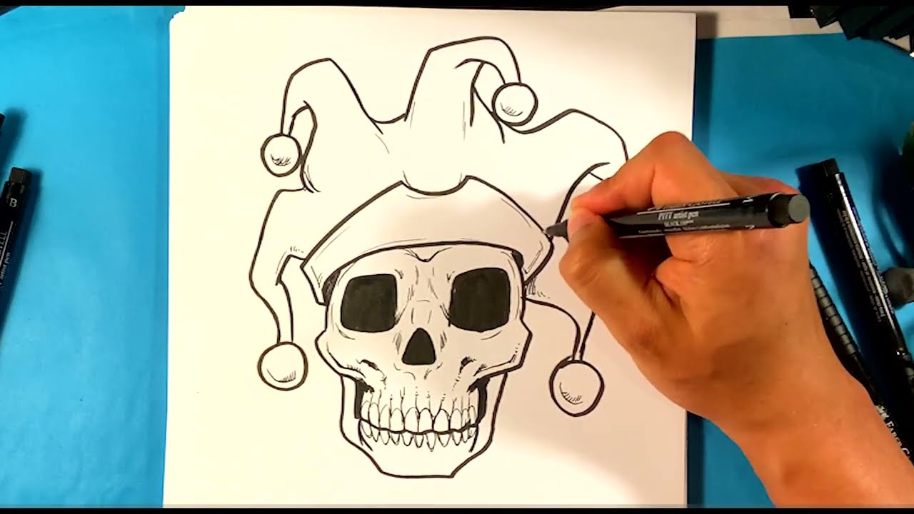 How to Draw COOL Skull Joker Jester Drawing - Draw Tattoo Art - Drawing Step by Step for Beginners