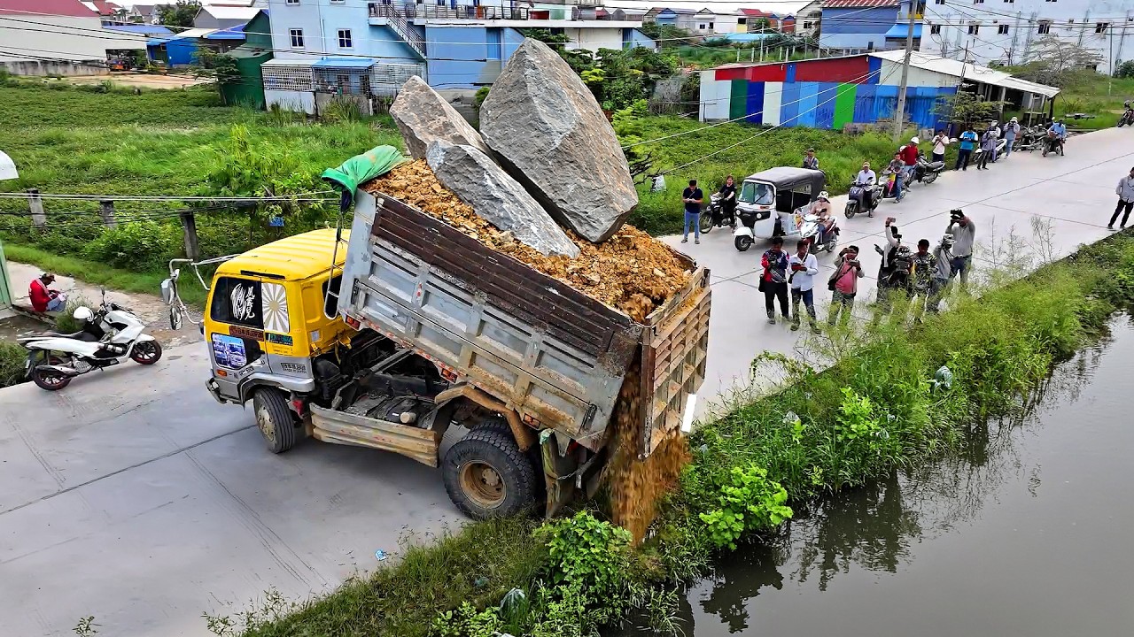 Incredible Landfill MIX VDO !!! Bulldozer Talent Skill Push soil Rock & Dump Truck Unloading Stone