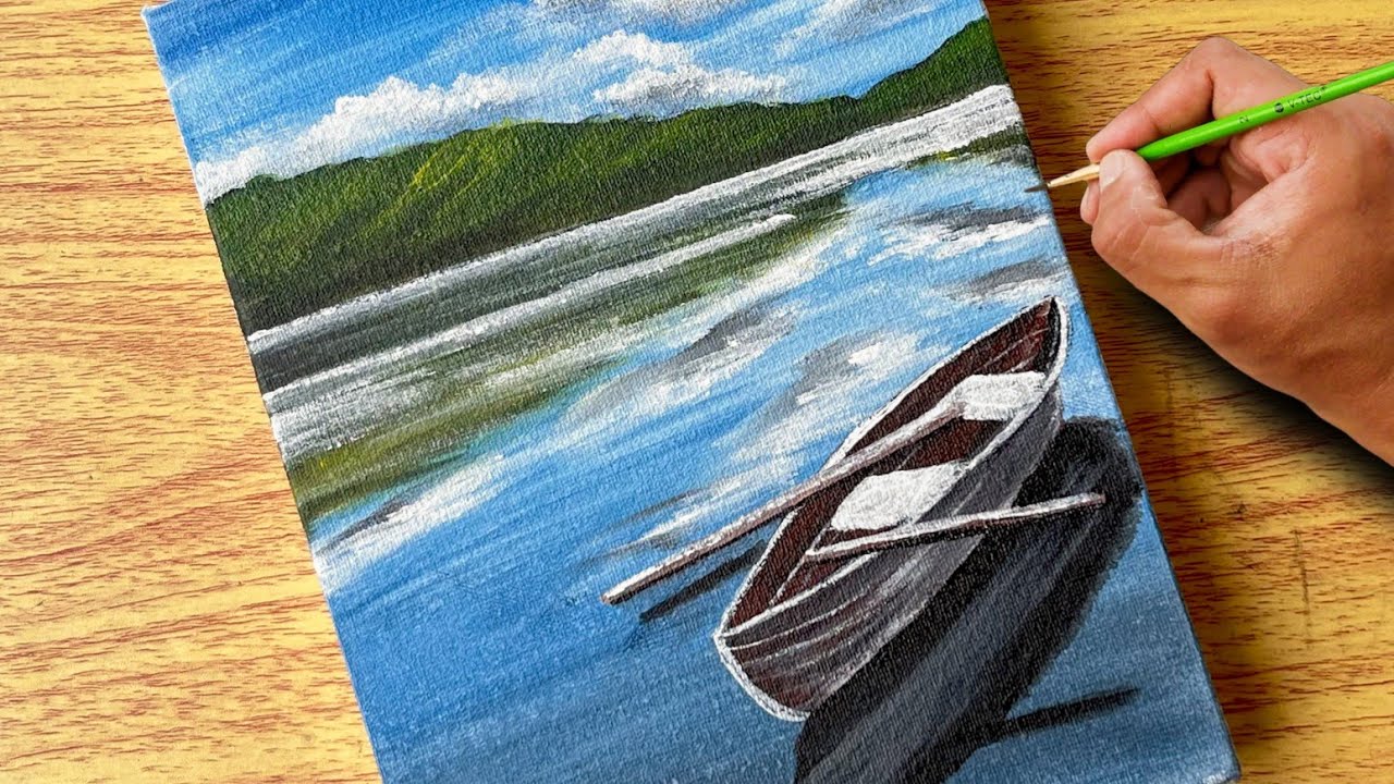 Lake and Boat Scenery Painting / Canvas Painting / Painting tutorial