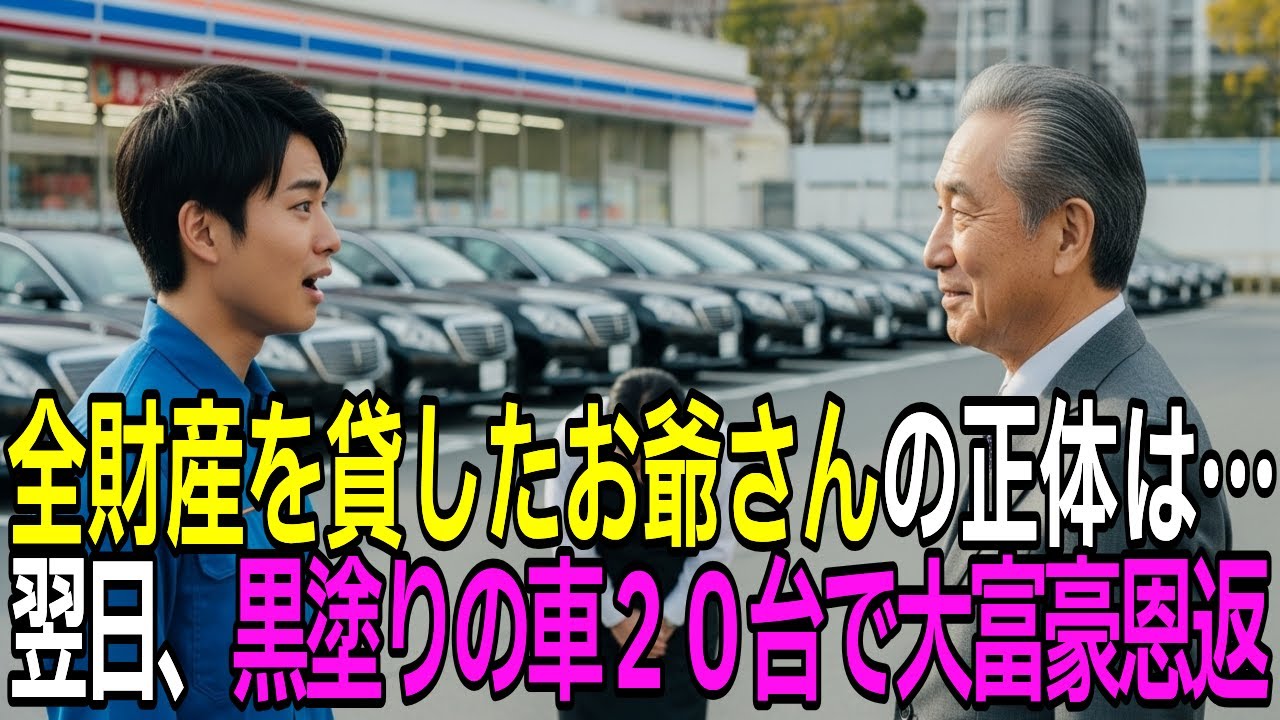 倒れた老人を助けた貧乏な青年。翌日、黒塗りの高級車20台が現れ現場騒然…実はその老人の正体は…