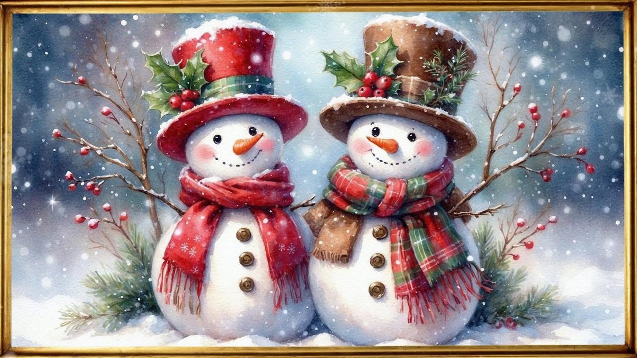 Snowman Art Screensaver with Music | Vintage Christmas Art with Music | Gold Frame TV Art |12 Images