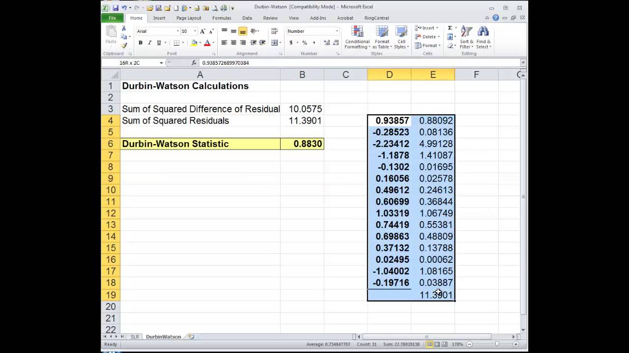 Computing Durbin-Watson Statistic in Excel