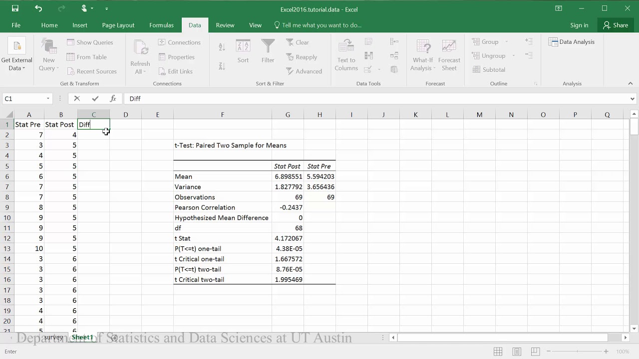 Paired t-test with Confidence Intervals in Excel 2016