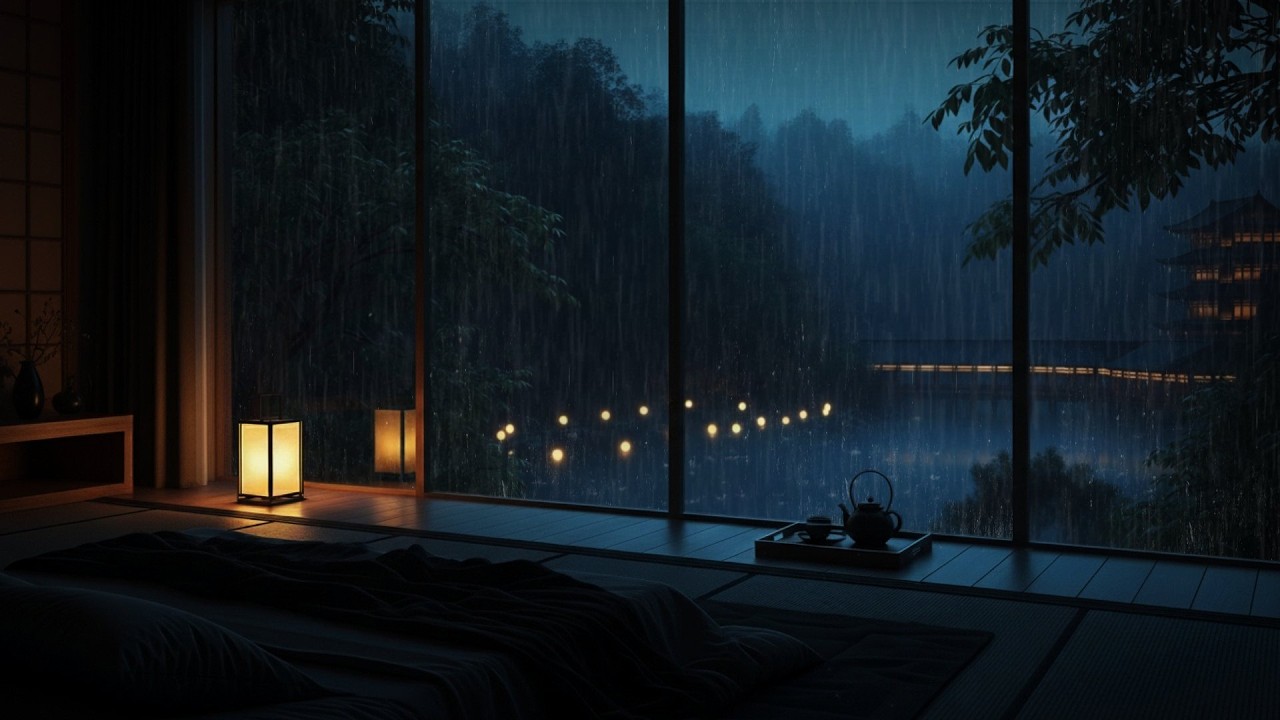 Gentle Rain on Window 🌧 Cozy Japanese Riverside Bedroom at Night | Deep Sleep Ambience (No Ads)