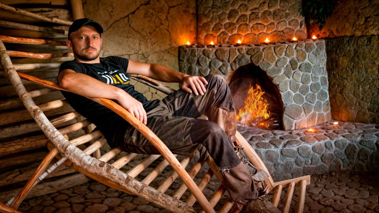 Bushcraft Underground Shelter. Furniture and fireplace in Dugout