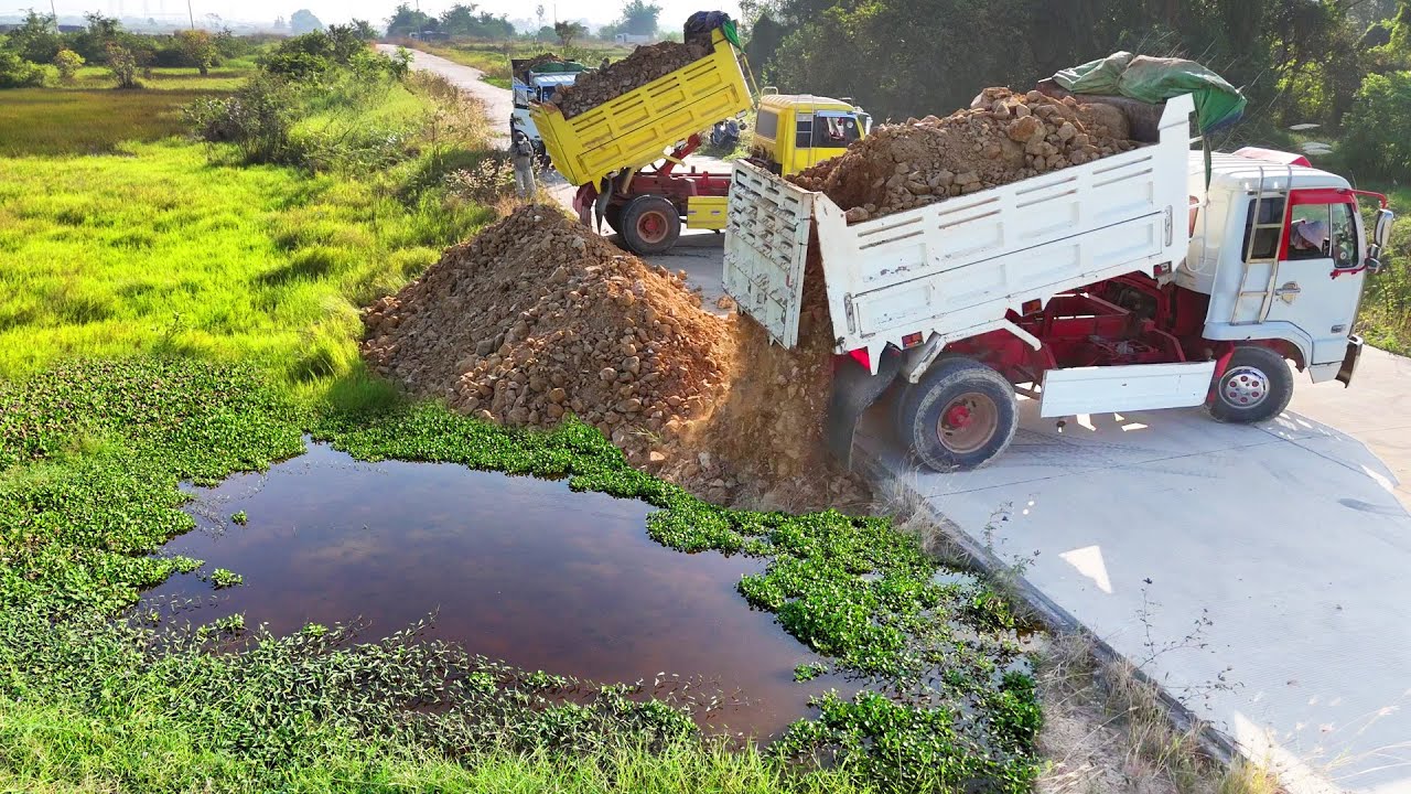 Be Watchful! New Landfill Task deleted Flood Area by Dozer Push Soil & Dump Truck 5T Unload,Mix VDO