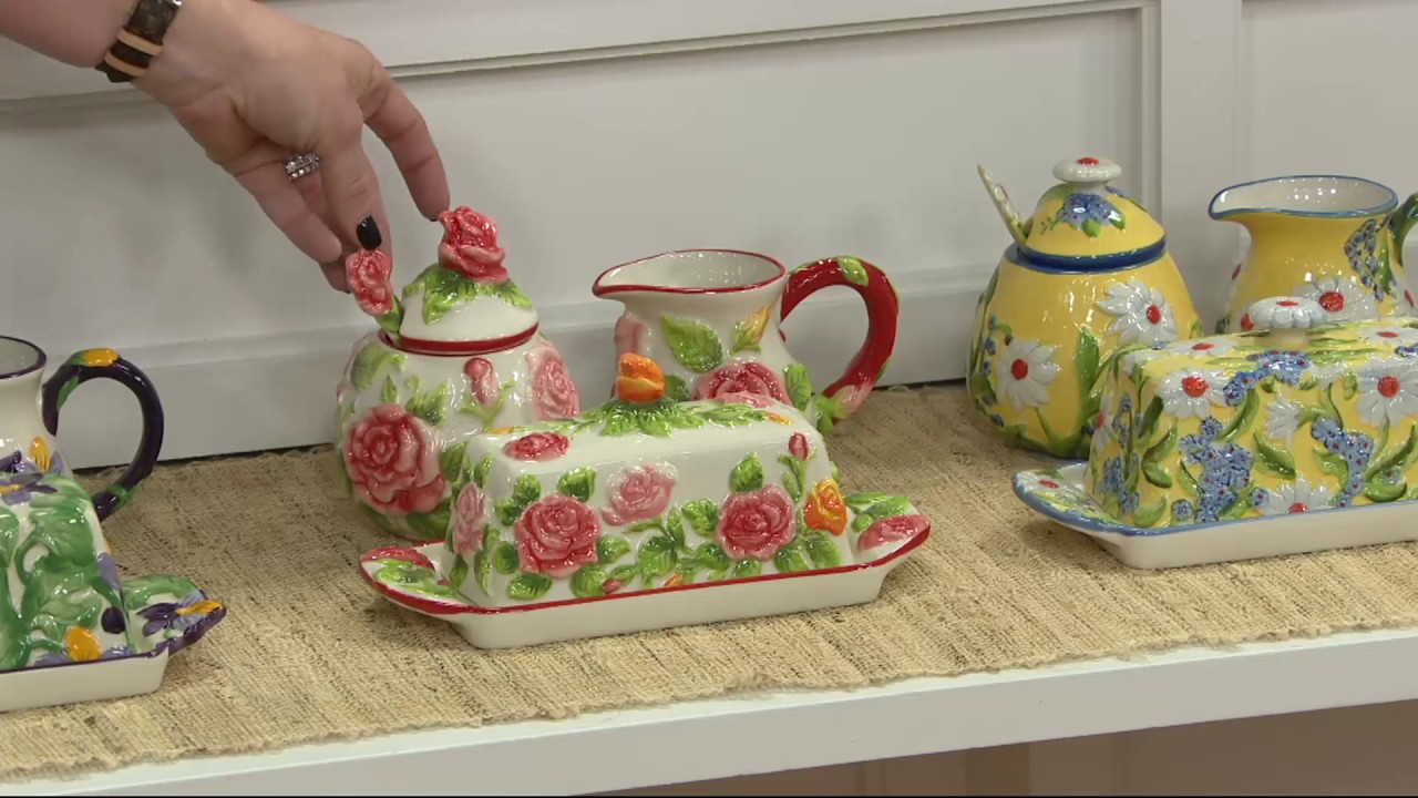 Temp-tations Figural Floral Butter Dish, Sugar & Creamer Set on QVC