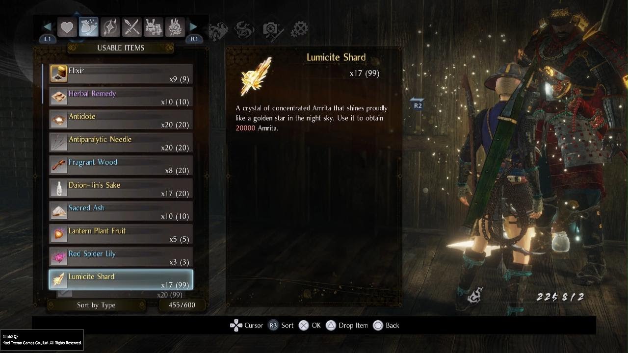 Nioh 2 Remastered - Best Amrita Farm and Lumicite Shard location