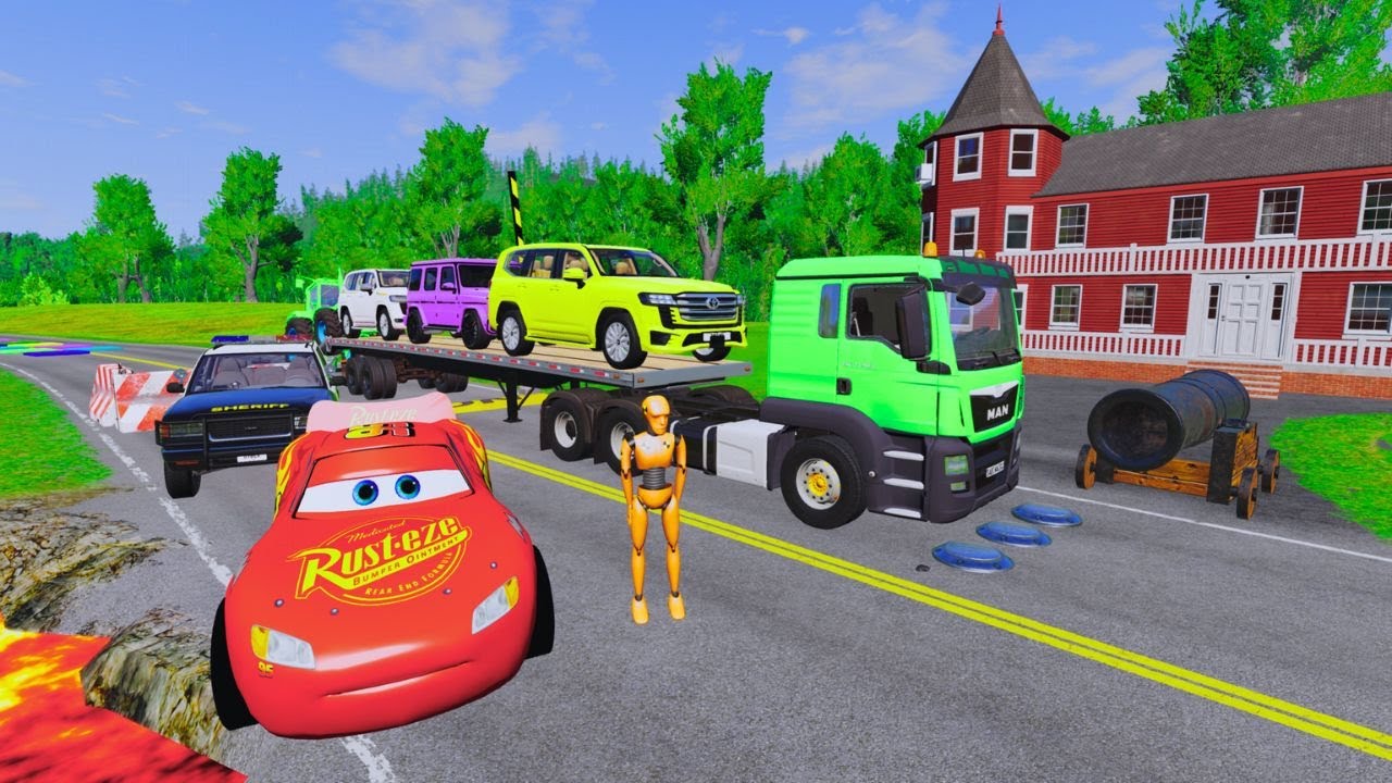 🚗💥Lightning McQueen on Flatbed Truck | Extreme Crash Test – BeamNG Drive| CrashBlitzX