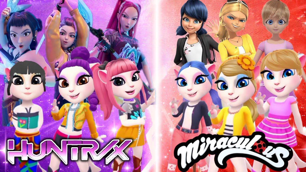 HUNTRIX💜🎀 VS MIRACULOUS♥️💙 COSPLAY WITH MYTALKINGANGELA2 #mytalkingangela2 #huntrix #miraculous 