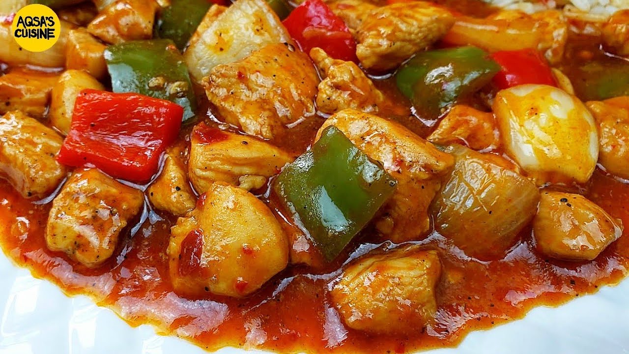 Куриный шашлык по-китайски в ресторане Aqsa's Cuisine, куриный шашлык с подливкой