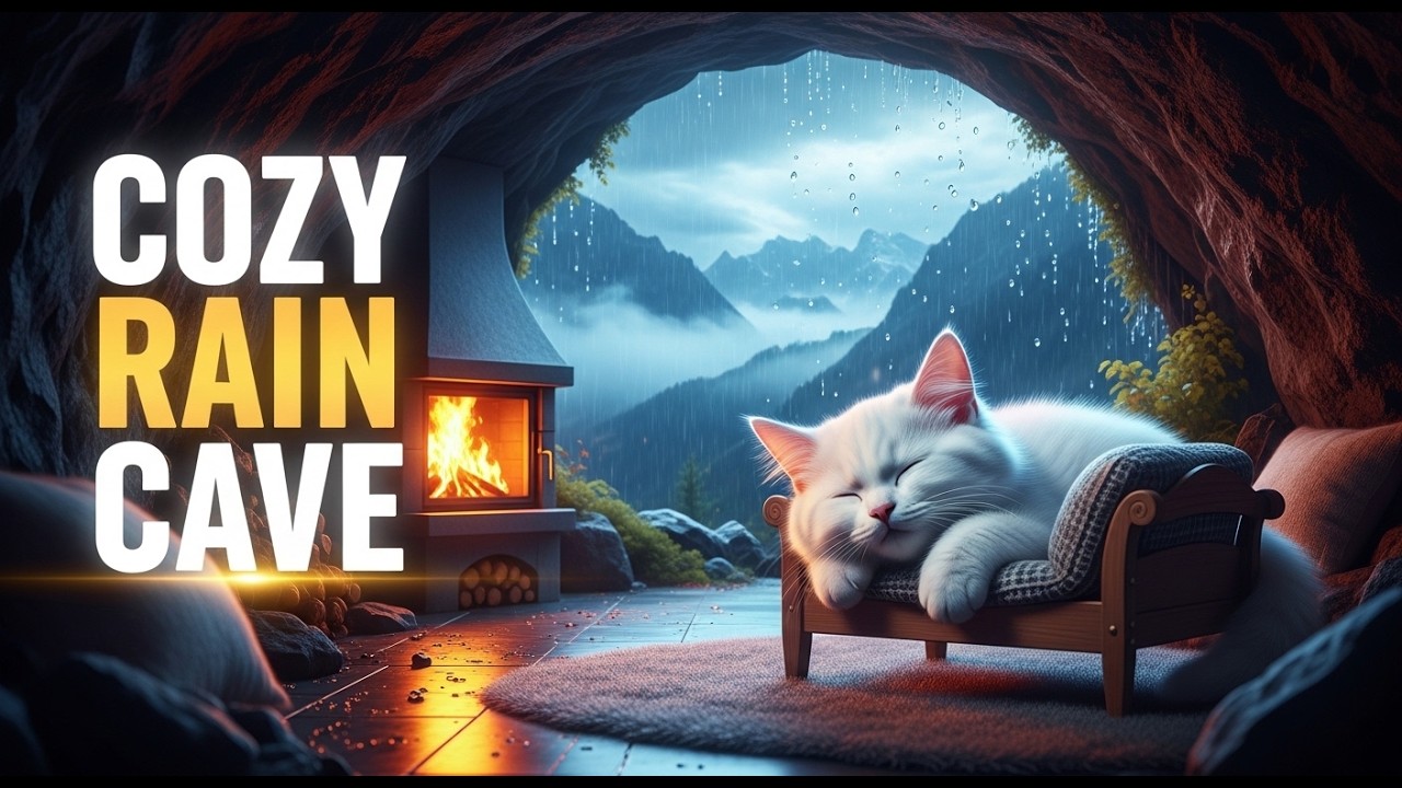 Cozy White Cat Sleeping in Rainy Mountain Cave 🌧️🔥 Soft Piano & Fireplace Ambience