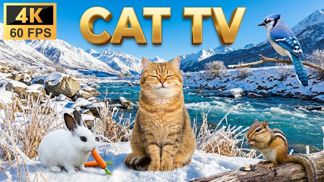 Cat TV 8 Hours ☀️ Sunny Winter Lake: Blue Jay, Chipmunk & White Bunny