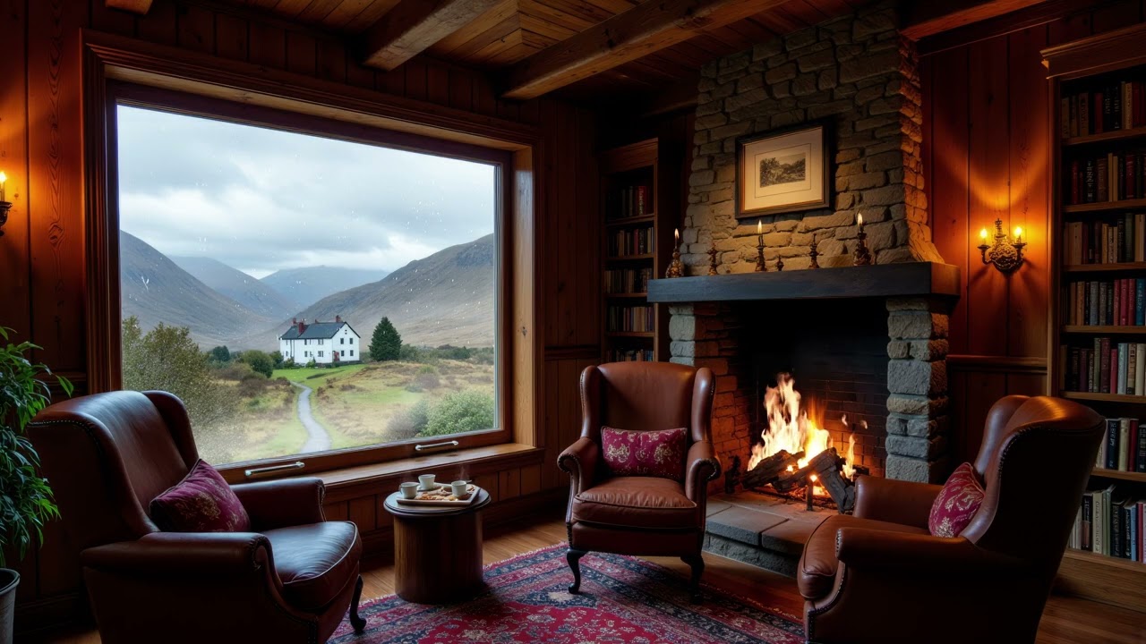 Cozy Scottish Highlands Library Ambience with Fireplace | Celtic Relaxing Weather & Rain Sounds​