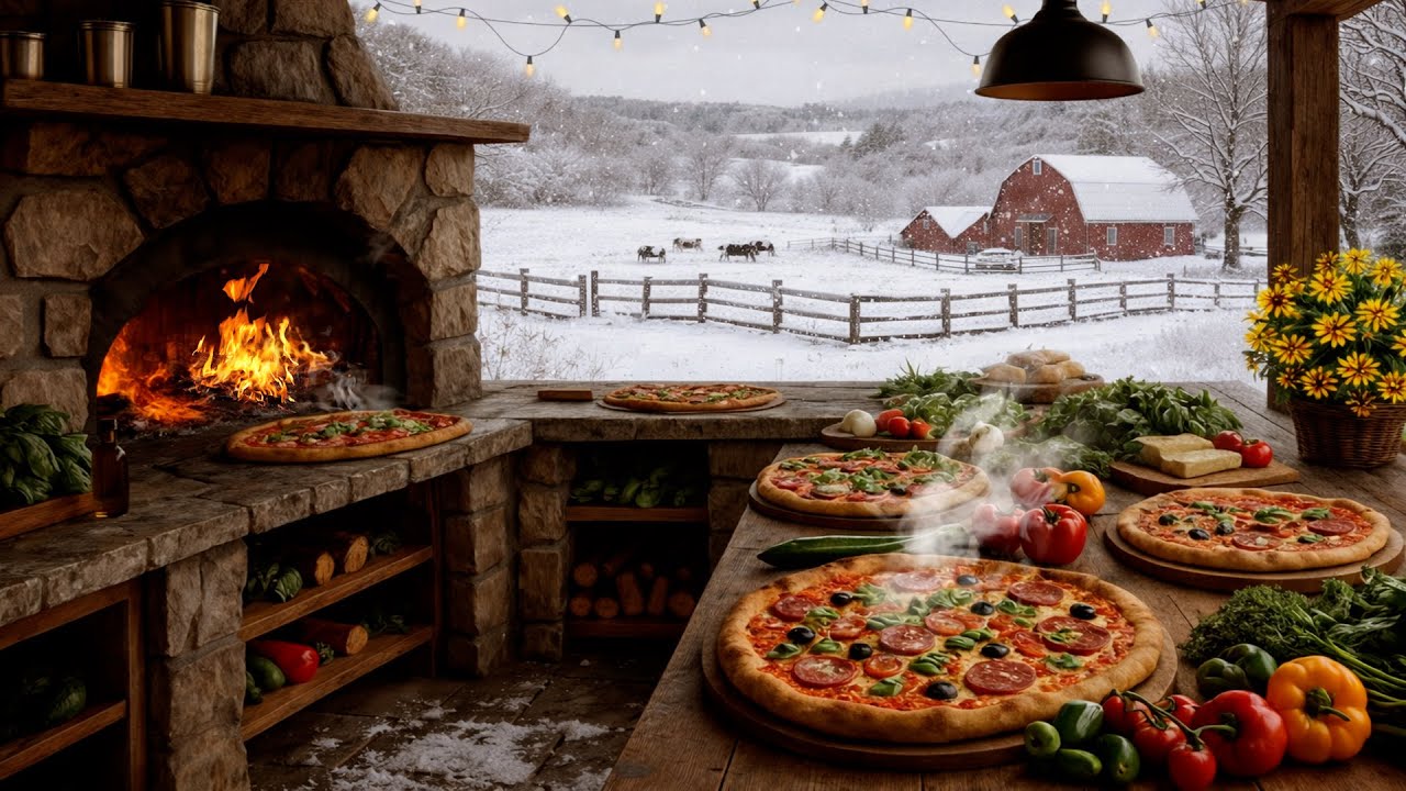 Cozy Winter Pizza Kitchen ❄️🔥 Crackling Woodfire Oven & Relaxing Kitchen Sounds