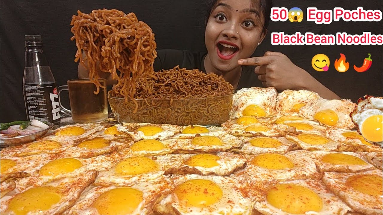 50 SUNNY SIDE UP EGG WITH 10 PACKET BLACK BEAN NOODLES 🥵 FOOD EATING VIDEOS, BIG BITES, EATING SHOW🤤