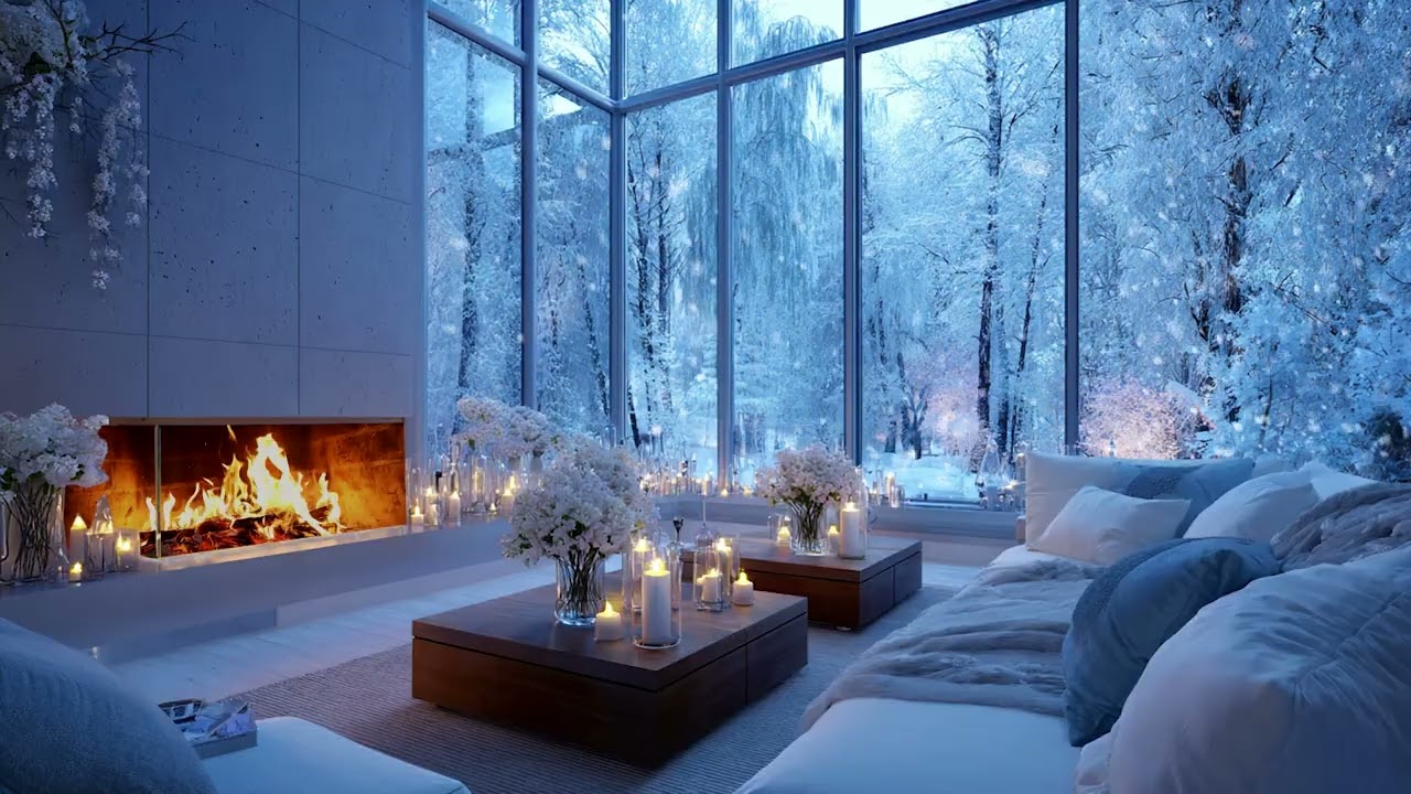 An Elegant Cozy Winter Living Room with Snowy Forest Views-Fireplace Glow and Relaxing Wind Ambience