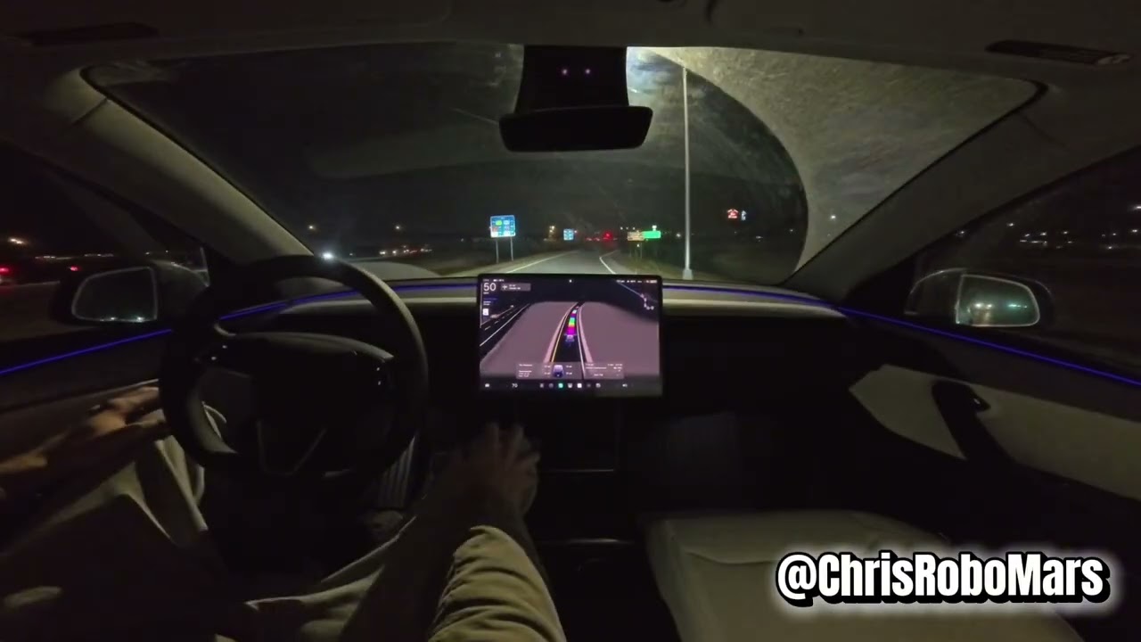 12min Raw FSD Night Drive with Pure Ambient Car Sounds (Peaceful Nighttime Autonomy)