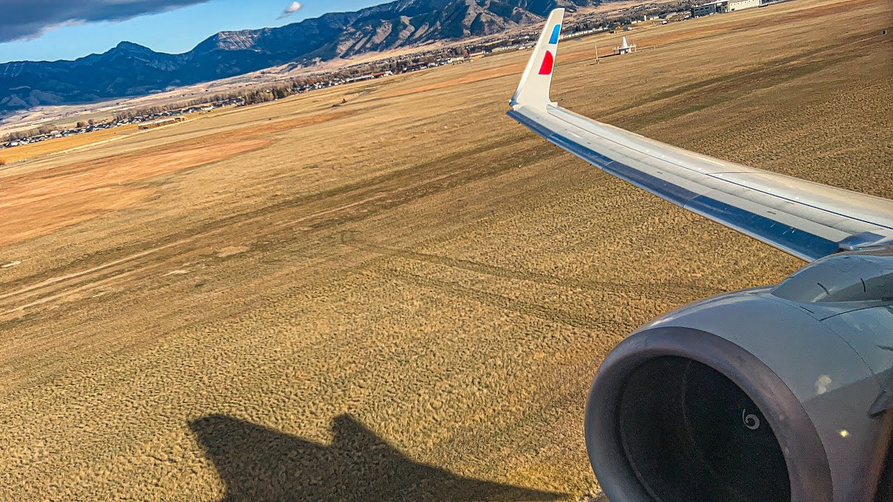 FULL POWER Gusty Takeoff from Bozeman Yellowstone, MT ~ American Airlines Boeing 737-823WL ~ KBZN