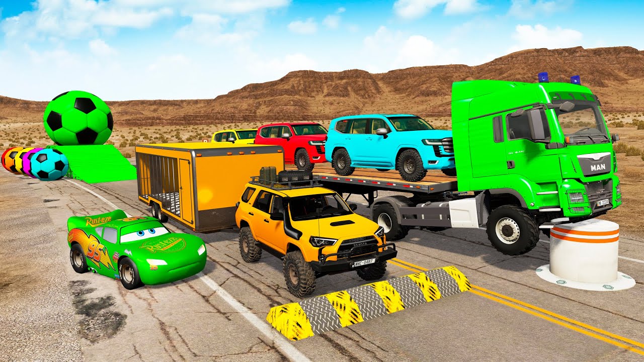 Flatbed Trailer Cars Transportation with Truck - Speedbumps vs Cars vs Train - BeamNG.Drive #75