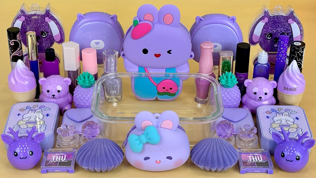 ASMR Slime PURPLE 💜 Mixing eyeshadow, makeup and glitter into Slime. Relaxing slime video 2160p.