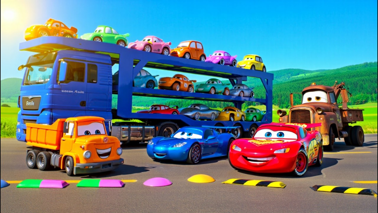 Triple Flatbed Trailer McQueen Transportation with Truck - Speedbumps vs Cars vs Train - BeamNG #