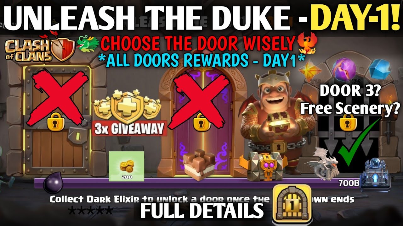 🚨UNLEASH THE DUKE DAY 1 DOORS NEW REWARDS In Clash Of Clans - Free Chests,Grumpy Medal,Magic Items!✅