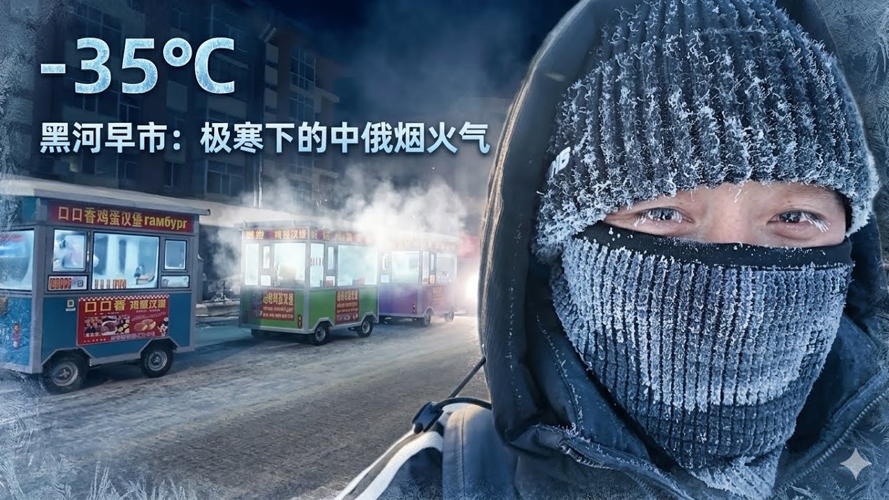 Посещение утреннего рынка еды на китайско-российской границе при -35°C