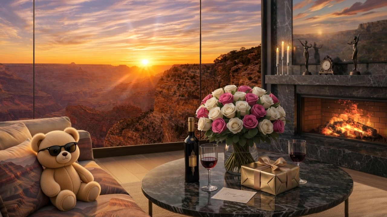 Soft Jazz by the Fireplace 🌸 Sunset Over the Grand Canyon | Relax, Study & Work