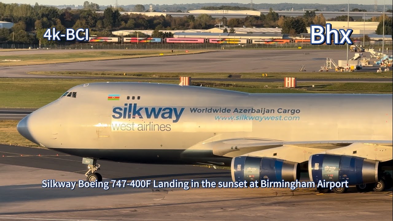 Silkway Boeing 747-400F Landing at Birmingham Airport in the sunset 