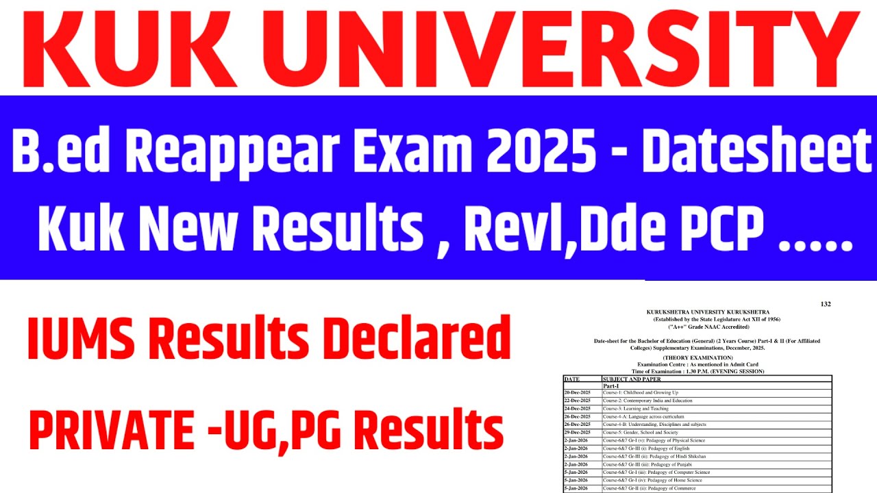 KUK UPDATE, B.Ed Re-Appear Exam ,DATESHEET आ गई। RESULTS, REVL,Dde PCP. Private Results
