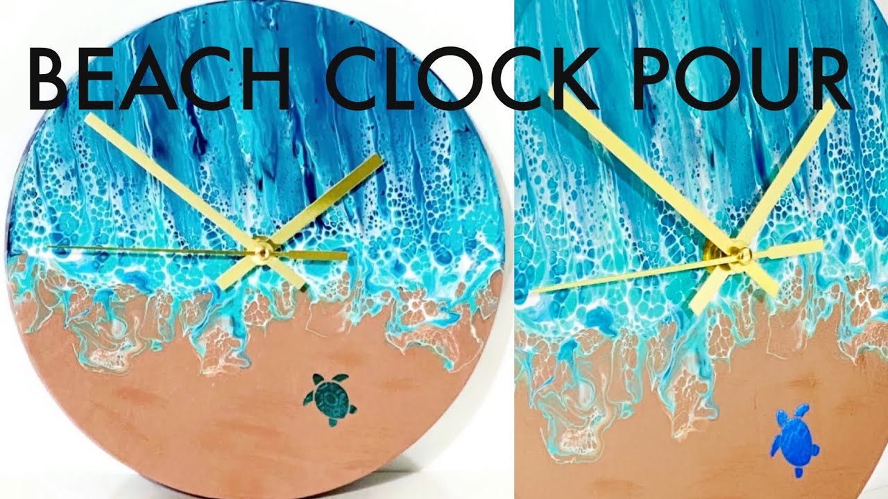 #78 Beach Swipe Acrylic Pouring Technique on a Wood Clock Fluid Art @LoriMcKinnonArt