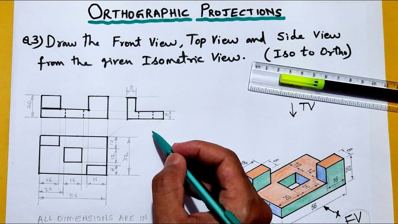 Orthographic Projection | Conversion of Views | Isometric to Orthographic Projection Question No. 3