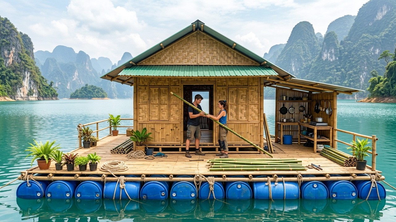 Man Builds Incredible Floating Bamboo Raft Home for Family | Start to Finish | by @lttivi ‬
