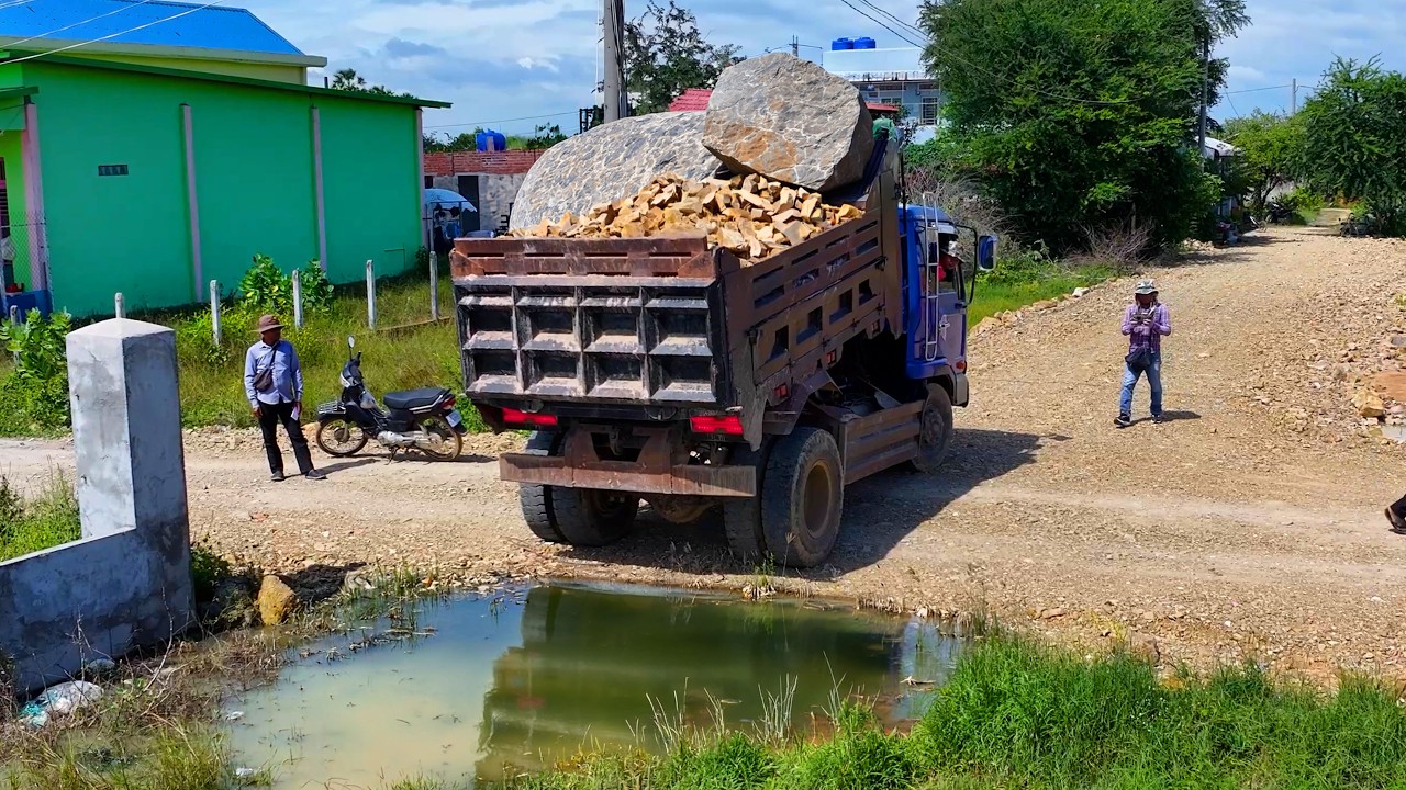 Start New Project Landfill Full Whole action work ! Bulldozer Push Stone with Dump Truck Unloading