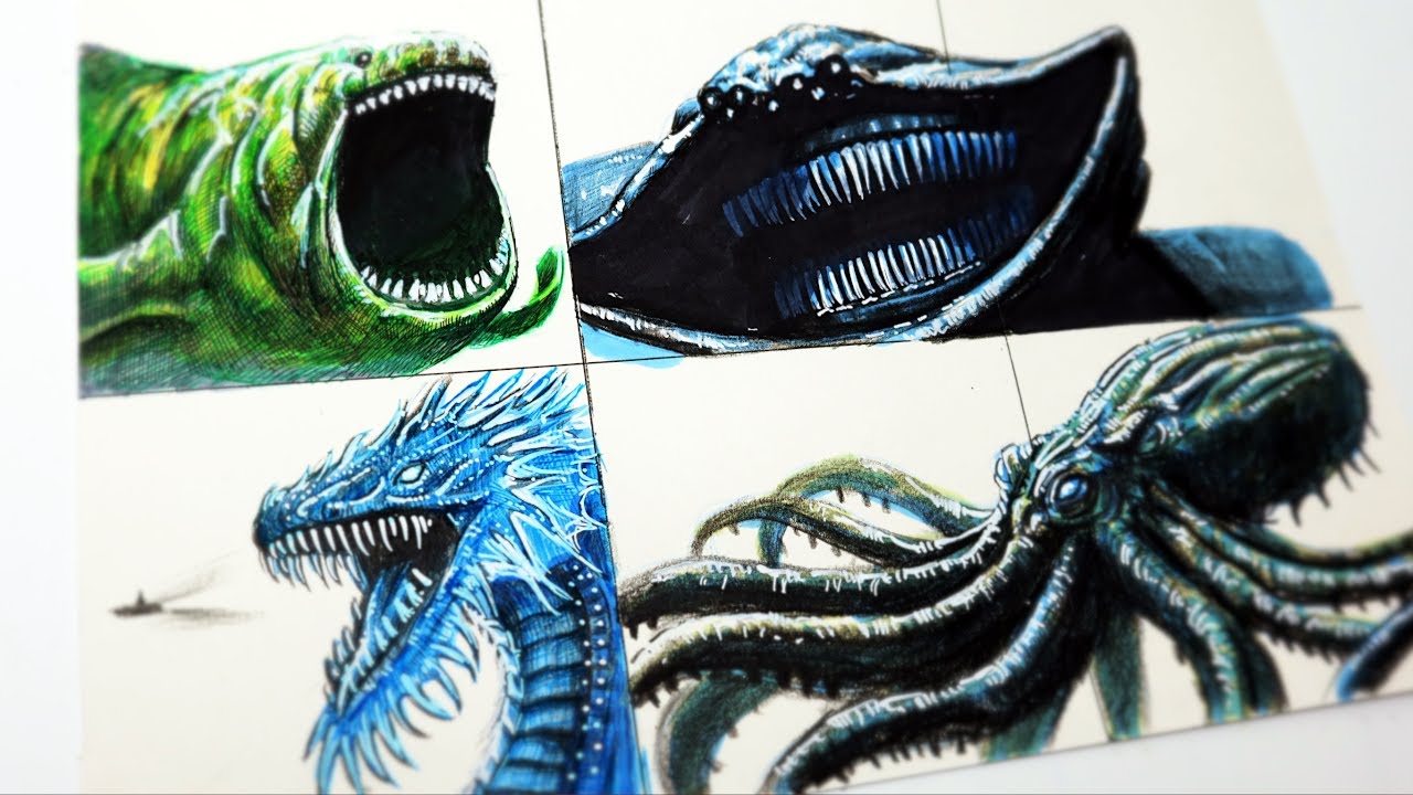 Drawing  Deep-sea Monsters Bloop, El Gran Maja, Leviathan, Kraken