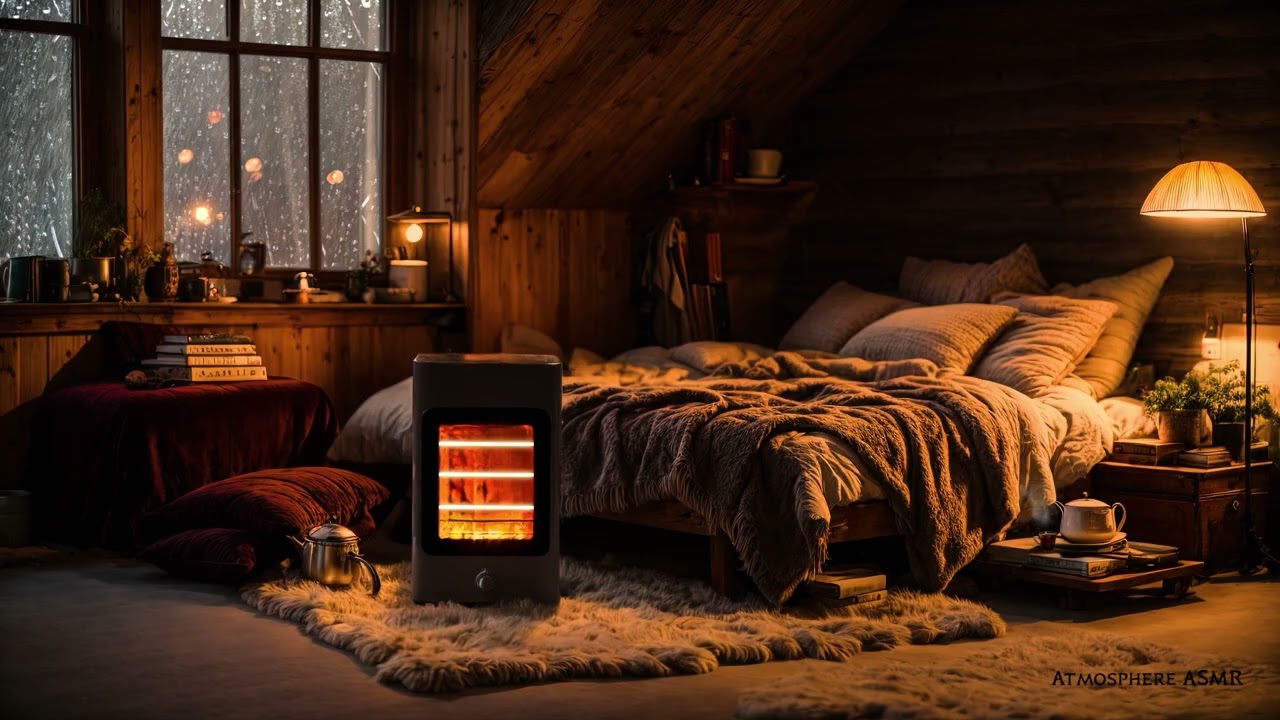 🔥 Caba&ntilde;a acogedora con sonido de Lluvia Relajante Nocturna y Estufa 4K 🌧️ | Sonidos Reales 