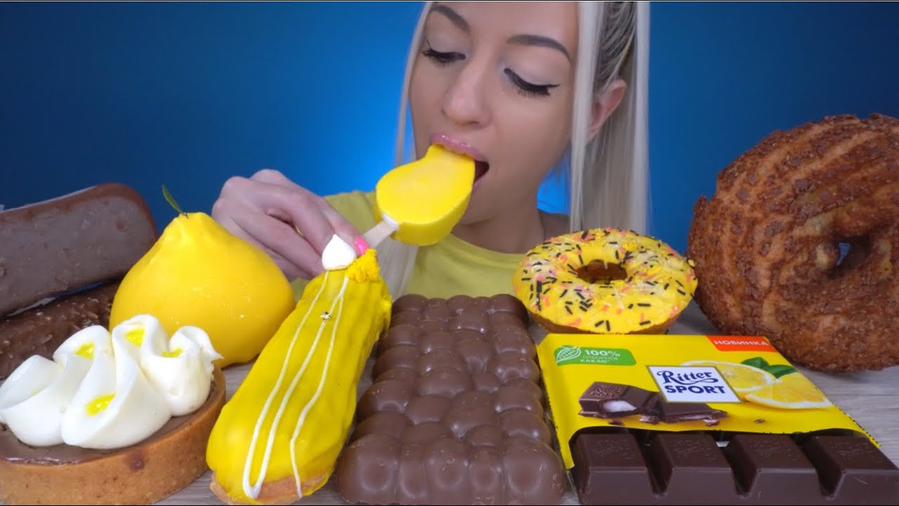 Jella ASMR yellow ice cream cake tart pastry Mukbang bites only