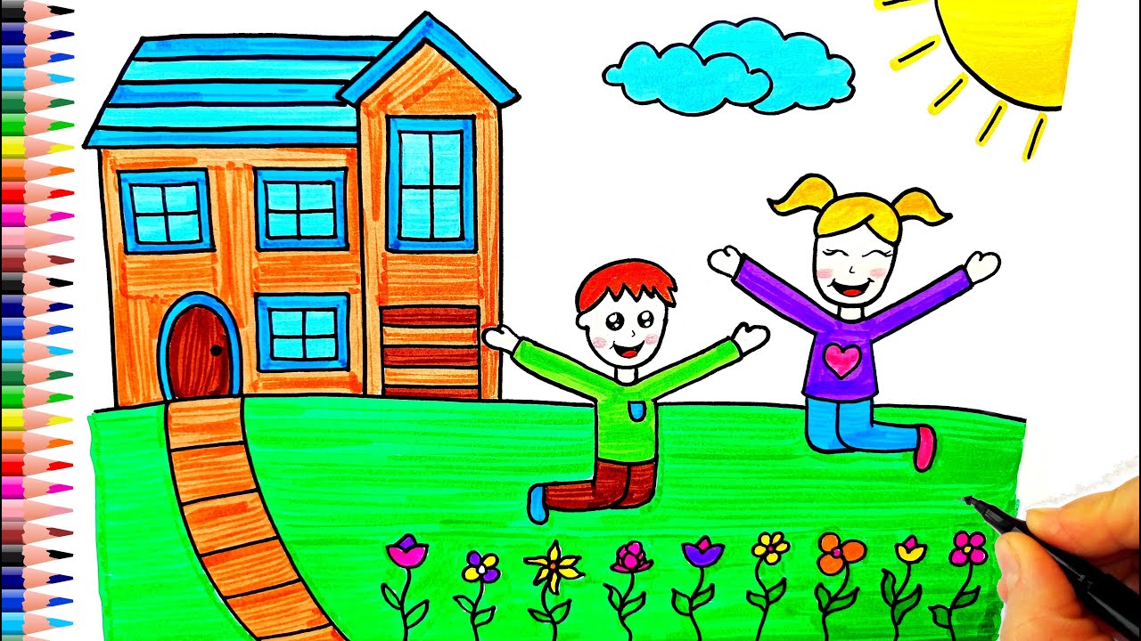 İlkbahar Resmi Çizimi 🌷🌻 Bahar Resmi Çizimi - Drawing Spring Easy - Ev Çizimi - Çocuk Resmi Çizimi