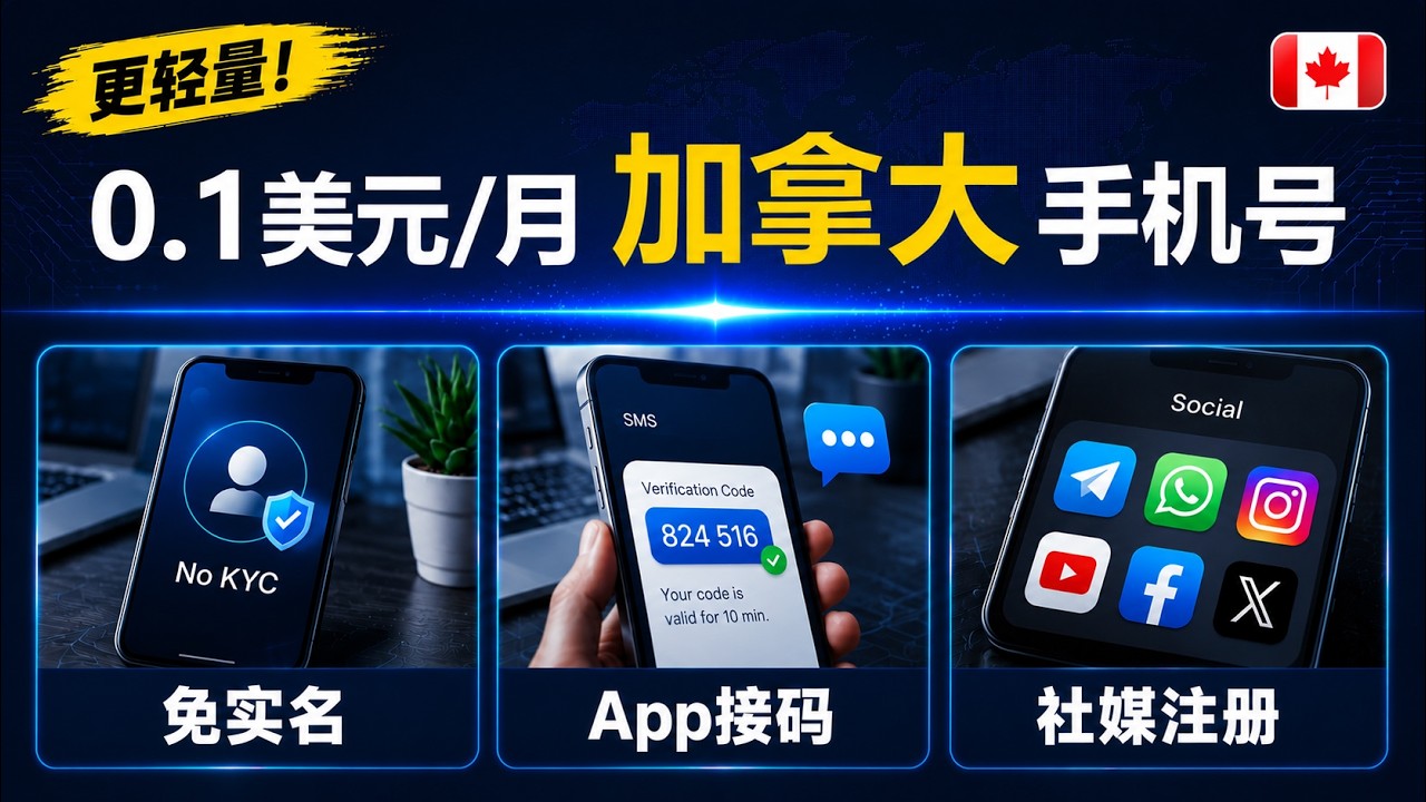 更轻量！0.1美元/月加拿大手机号｜免实名｜App接码｜社媒注册