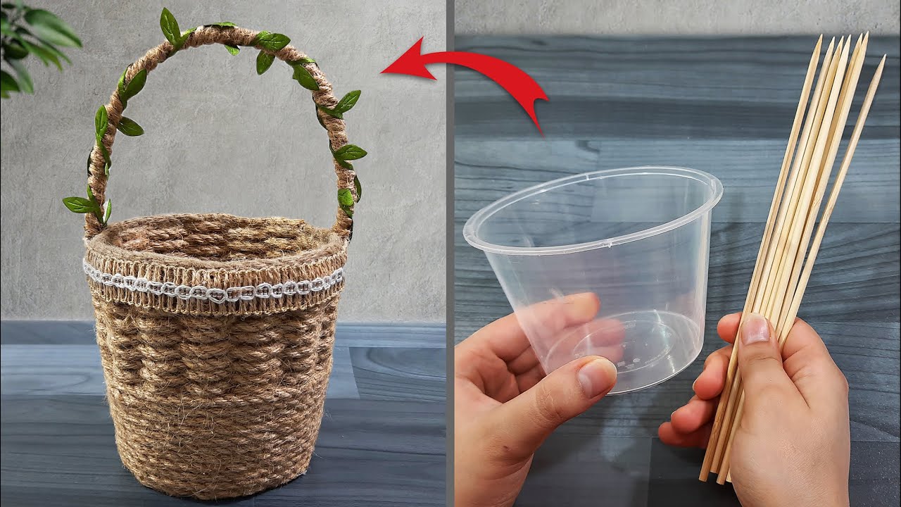 How to make a vase from wooden skewers and plastic container | jute flower vase | flower vase ideas