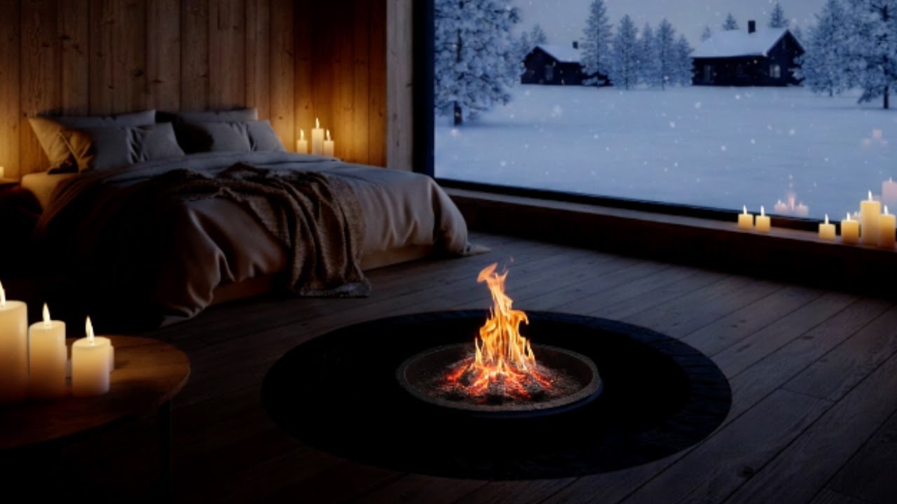 Snowy Winter Cabin Night | Cozy Fireplace Ambience for Stress Relief & Sleep