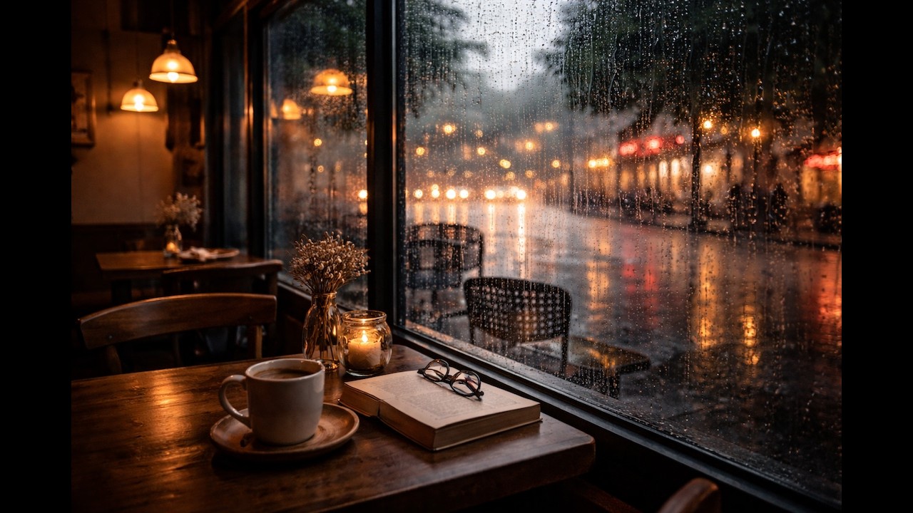Rain Outside a Coffee Shop ☕🌧️ | Cozy Rain Sounds for Sleep & Focus