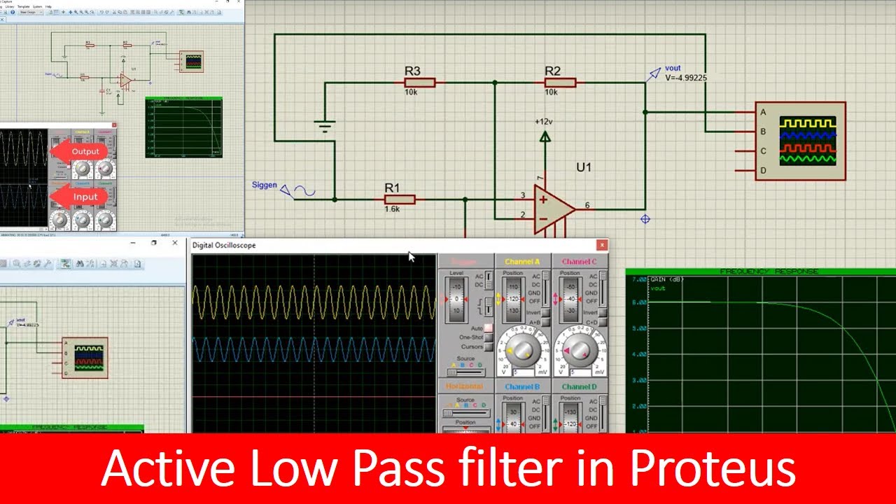 Active low pass filter with uA 741 in proteus tutorial