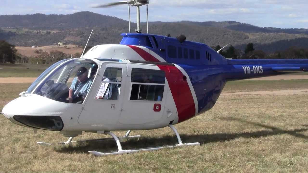 Bell 206 start up and take off Jindabyne, Snowy Mountains, Australia