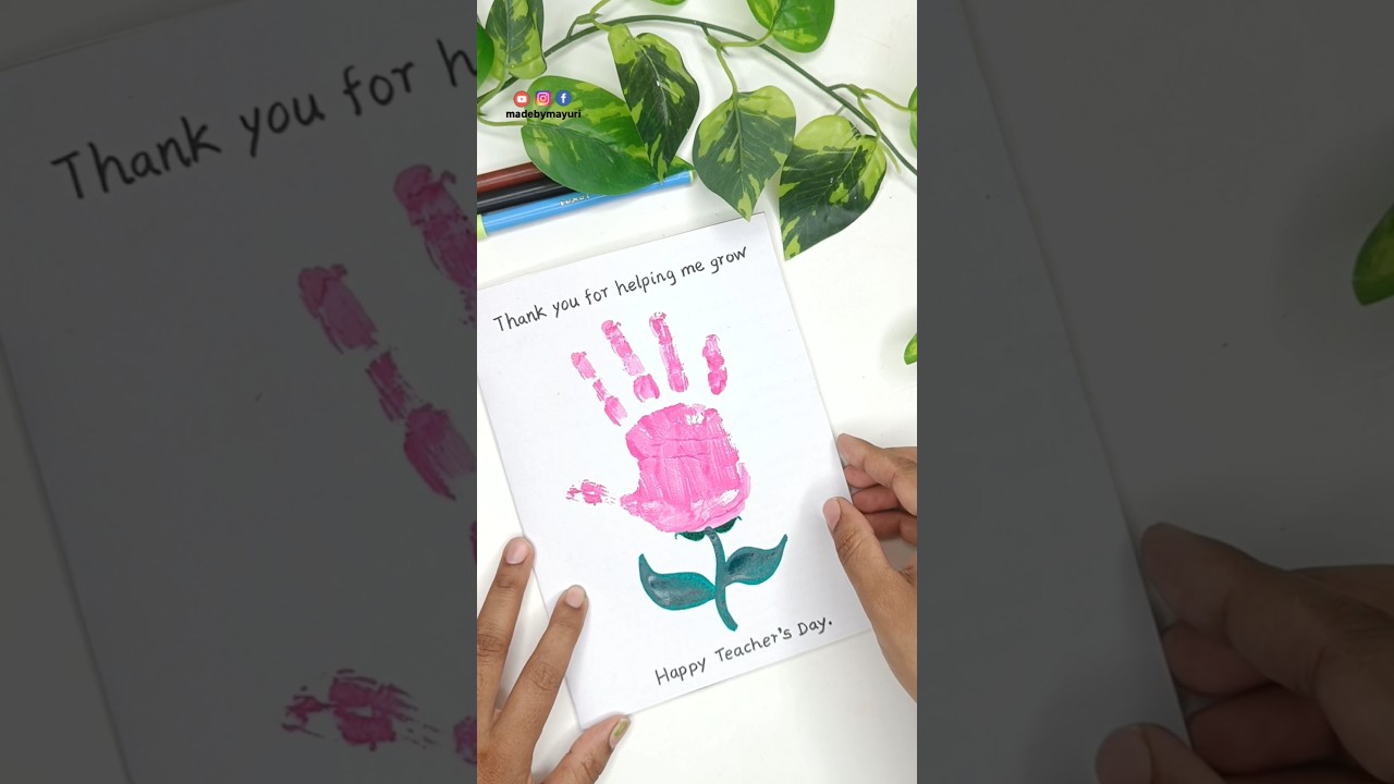 Teacher's day greeting card for preschool children . Handprint greeting card made by small kids
