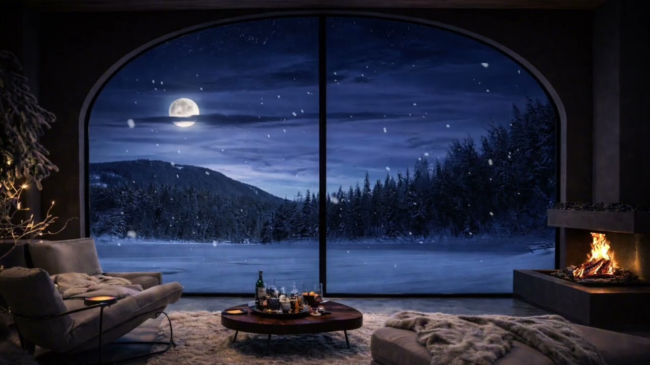 Midnight Lake Retreat 🌙 | Firelight & Gentle Snowfall | Relaxing Winter ASMR
