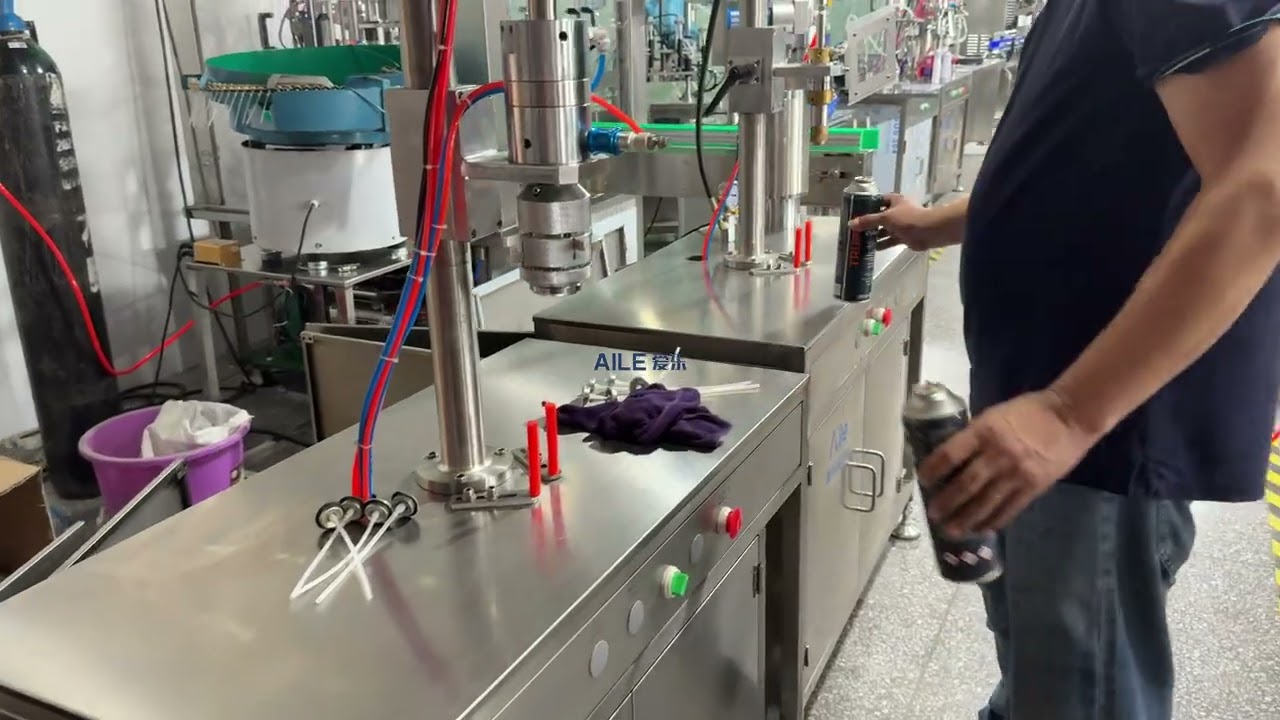 (3 tables)AILE Semi Auto Aerosol Filling Machine +Crimping Machine+Gas Filling Machine Test