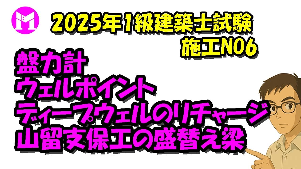 2025年1級建築士試験施工NO6　ウェルポイント、ディープウェルのリチャージ、山留支保工の盛替え梁、盤力計