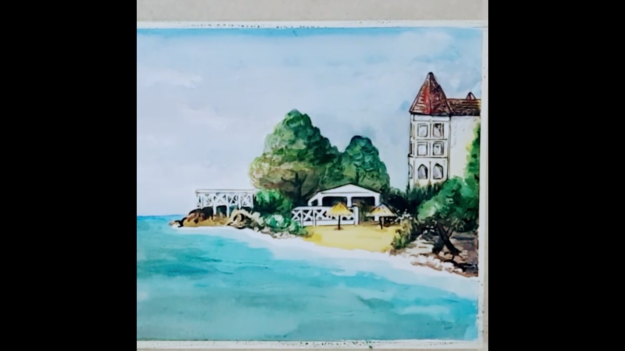 Caribbean Paradise: Bahia Principe Grand Jamaica - Watercolor, Ink,, Gouache - Mixed Media Technique